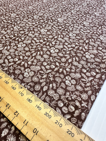 LAST 1/2m : Vintage Fabric Light Weight Cotton 80s? Small White Floral Leaves on Brown 110cm Wide
