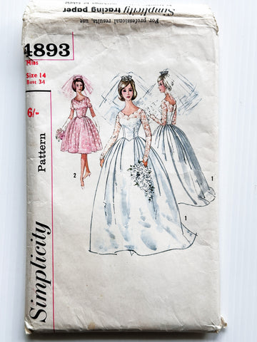 MISSES' ONE-PIECE WEDDING OR BRIDESMAIDS DRESS: Simplicity Sewing Pattern c. 1963 Size 14 Complete *4893