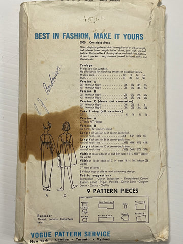 STUNNING BABY DOLL EMPIRE WAIST DRESS: Vogue 1963 size 12 *5900