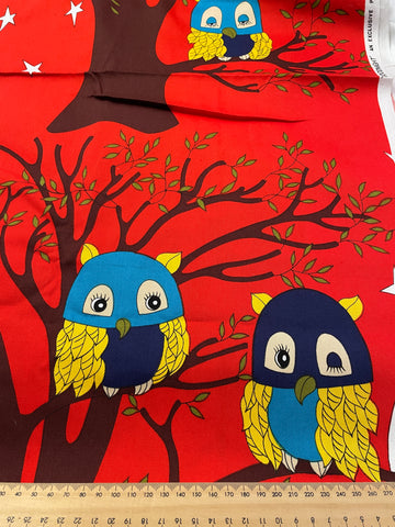 FOUR REPEATS LEFT: Vintage Fabric 1970s Owls on Red Goodnight by Richard Allen Drapery