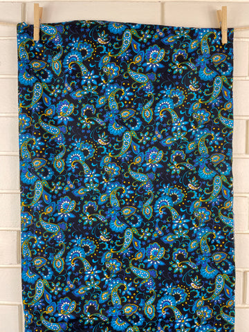 LAST 1/2m: Vintage Fabric 1960s 70s Flower Paisley on Black Cotton Drill