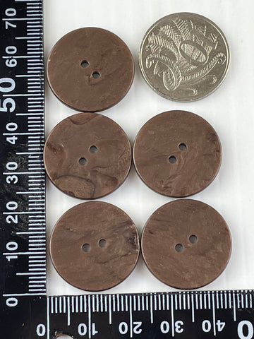 ONE SET ONLY: Vintage 5 x shiny brown domed plastic 2-hole buttons 23mm