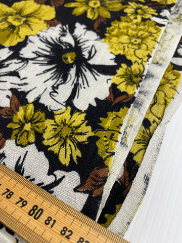 LAST 1/2m: Vintage Fabric Rare Mid-Century 1950s Linen w/ Bold Floral on Black