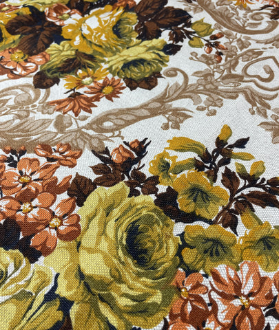 LAST PATTERN REPEAT: Vintage Fabric 1960s Heavy Linen w/ Giant Floral Cluster