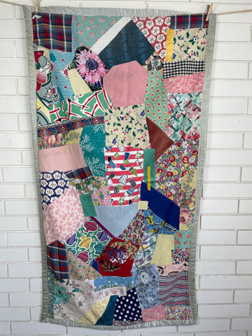 ONE ONLY: Uuper Rare Mid-Century 30s Onwards Handmade Crazy Patchwork Quilt 87cm x 156cm