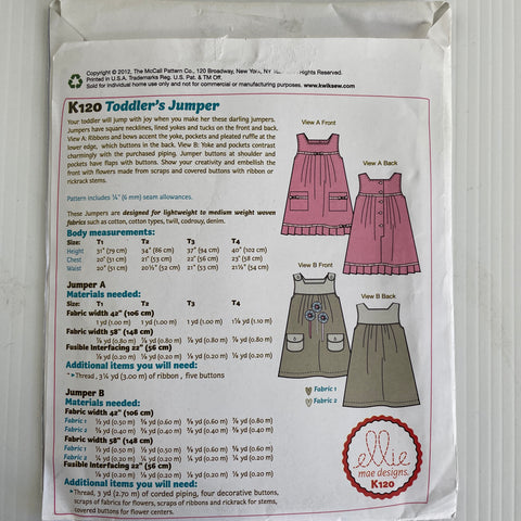 TODDLER'S JUMPER DRESS: Kwik Sew Ellie Mae Designs 2012 Various Sizes *K120