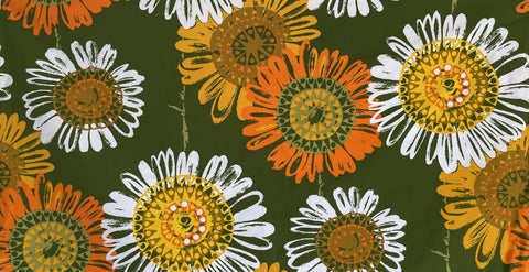 2m LEFT: Vintage Fabric 1960s 70s MCM Super Graphic Bright Sunflowers On Green Cotton