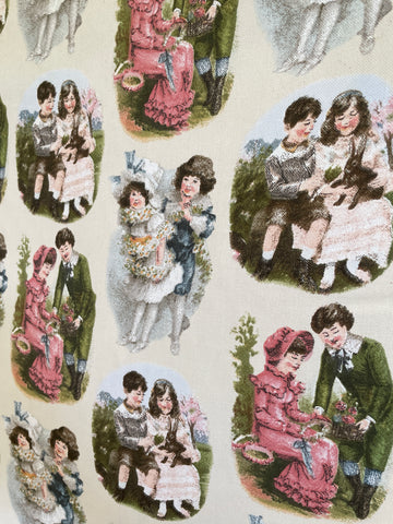 4.5m LEFT: Modern Fabric Soft Drapery Cotton Blend w/ Old World Kiddies Print 'Hollyhock'