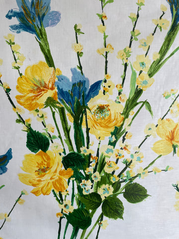 FOUR PATTERN REPEATS LEFT: Divine Vintage 1970s Cotton Chintz Fabric Blue Iris Yellow Roses