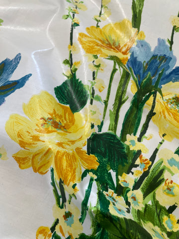 FOUR PATTERN REPEATS LEFT: Divine Vintage 1970s Cotton Chintz Fabric Blue Iris Yellow Roses