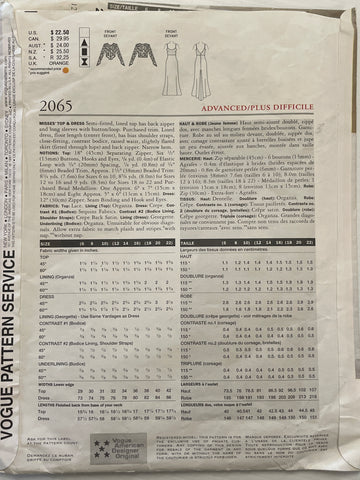 BADGLEY MISCHKA TOP & DRESS: Vogue Sewing Pattern 1997 Sizes 12-16 Uncut *2065