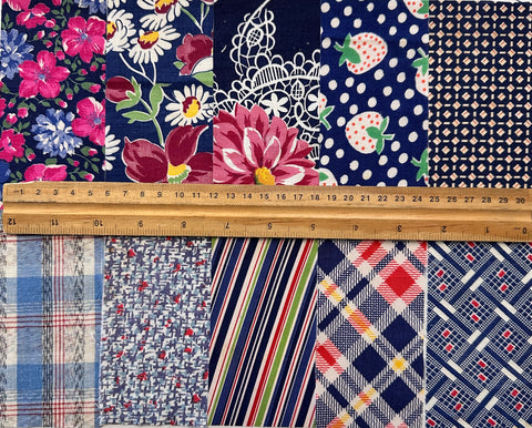6cm x 12cm Fabric Pack - 10 Pieces - Mid-Century Cottons  - Blues