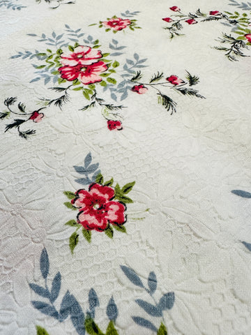Vintage Fabric Embossed Cotton White Base w/ Pink Flowers 88cm Wide
