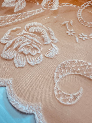 Vintage Fabric 1960s Rare Border Print Flocked Flowers Scalloped Edge Orange Nylon 106cm Wide
