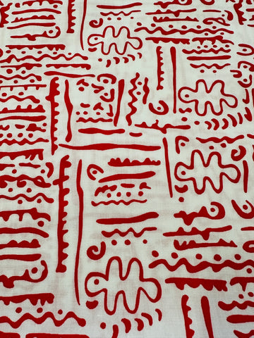 Vintage Fabric 1980s Red Squiggle on White Cotton Blend 112cm Wide