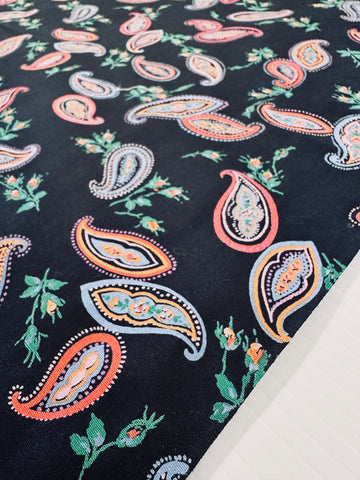 Vintage Fabric 1980s Cotton Poplin w/ Small Paisleys on Black 110cm Wide