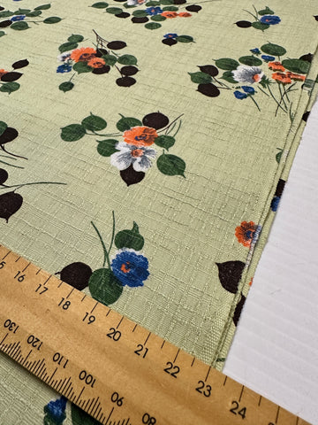 Vintage Fabric 1960s Floral Sprays on Olive Green Textured Cotton 88cm Wide