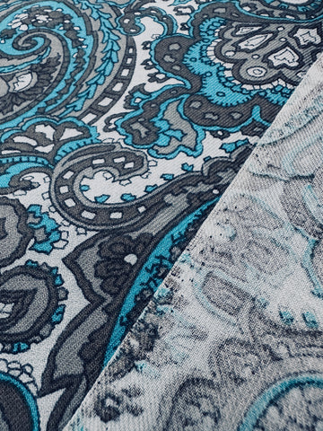 Vintage Fabric 1970s? Soft Viyella w/ Striking Blue Paisley on Pale Grey 90cm Wide