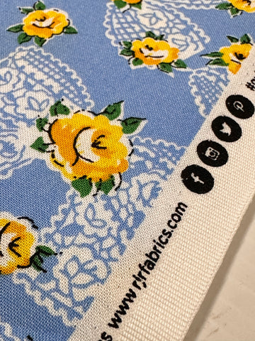 Modern Fabric Everything But The Kitchen Sink 2016 Pinafore Yellow Roses w/ Bows on Blue RJR Studio Quilt Cotton 112cm Wide