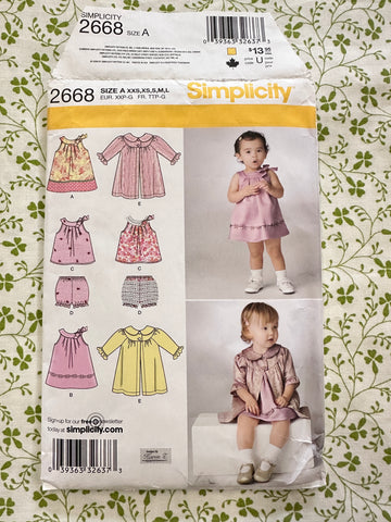 BABIES’ DRESS, TOP, PANTIES & COAT: Simplicity Sewing Pattern Sizes XXS- XS- S-M-L 1m-18m Unused FF *2668