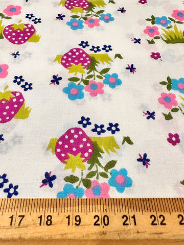 REMNANT Vintage Fabric 1970s? Light Weight Cotton w/ Cute Berries Butterflies Flowers 43cm x 27cm