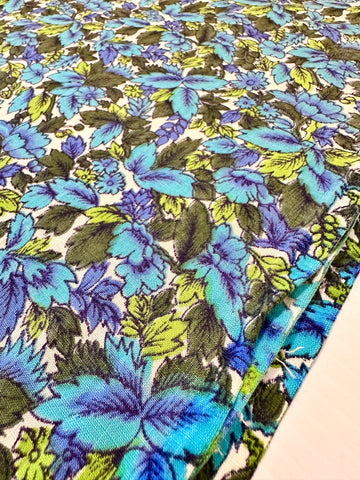 Vintage Fabric 1970s Bright Blue Green Leaves on White Cotton 80cm Wide