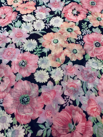 Vintage Fabric 80s 90s? Cotton Voile w/ Pink Country Floral on Black