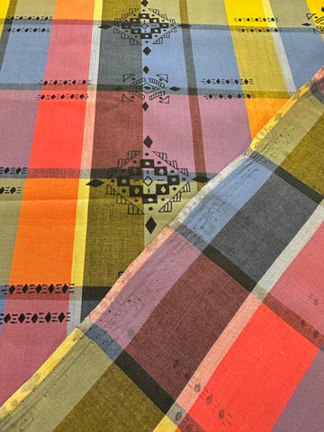 REMNANT Vintage Fabric 70s? 80s? Modern? Bright Woven Plaid w/ Graphic Overprint Shirting 54cm x 31cm