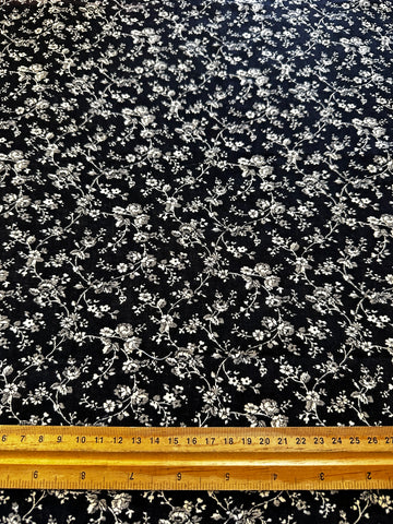 LAST PIECE Vintage Fabric 1950s? Small White Flowers on Black 87cm x 50cm