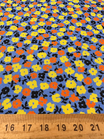 Modern Fabric Everything But The Kitchen Sink 2016 Aunt Helen’s Dress small Yellow Black Orange Flowers on Blue RJR Studio Quilt Cotton 112cm Wide
