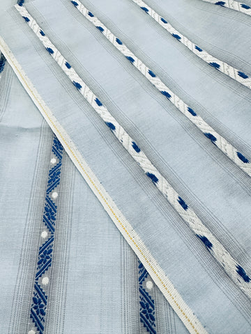 Vintage Fabric 1960s 70s Light Weight Pale Blue Cotton w/ Embroidered Stripe Spot 88cm Wide