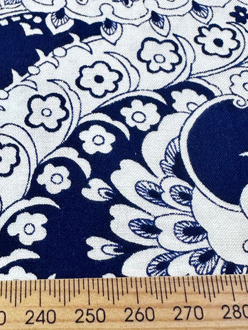 Vintage Fabric 1960s? Fabulous Stylised Peacocks Navy on White Cotton 88cm Wide