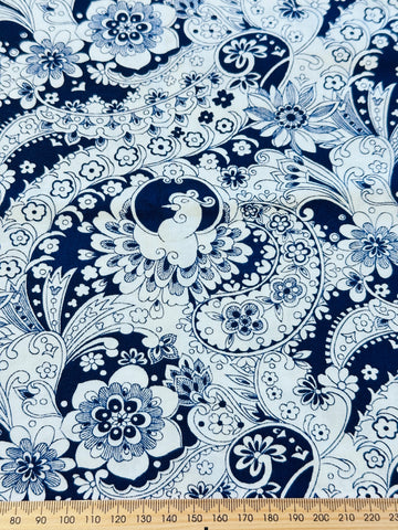 Vintage Fabric 1960s? Fabulous Stylised Peacocks Navy on White Cotton 88cm Wide
