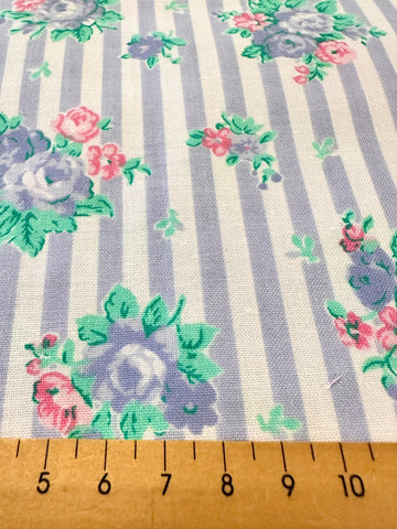LAST PIECE Vintage Fabric 1980s? Classic Flowers & Stripe Cotton 82cm x 50cm