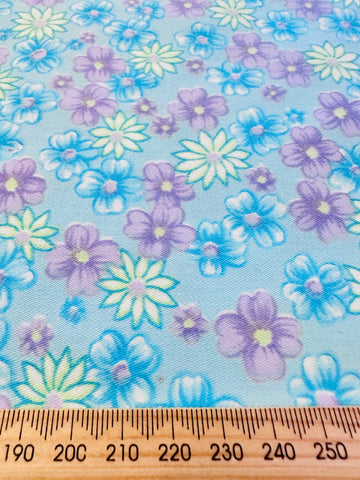 Vintage Fabric 1960s Bright Lavender & Blue Floral on Sky Blue Cotton 86cm Wide