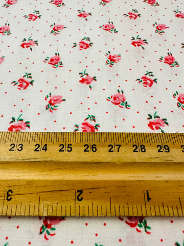 Vintage Fabric 1980s Delightful Tiny Pink Rose on White & Tiny Spot 88cm Wide