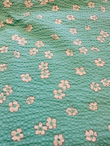 Vintage Fabric 1960s White Daisy on Teal Cotton Plisse 88cm Wide