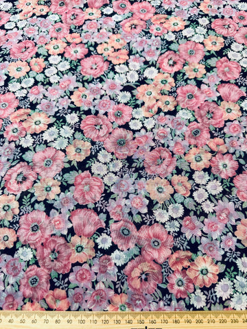Vintage Fabric 80s 90s? Cotton Voile w/ Pink Country Floral on Black