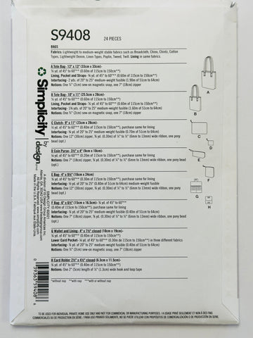 BAGS: Simplicity Sewing Pattern Bags Craft DIY *S9408