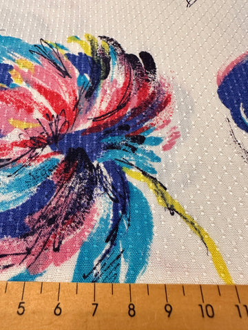 Vintage Fabric 1950s Magical Painterly Flowers on White Textured Cotton Rayon 88cm Wide