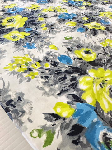 Vintage Fabric 1950s Rare Chintz Dress Cotton Bright Chartreuse & Blue Roses on White Cotton Evening Wear 88cm Wide