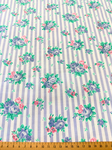LAST PIECE Vintage Fabric 1980s? Classic Flowers & Stripe Cotton 82cm x 50cm
