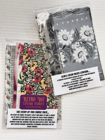 6cm x 12cm Fabric Pack - 10 Pieces - Mid-Century Cottons  - Greys Black