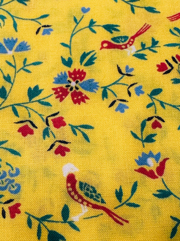 Vintage Fabric 1980s Sun Yellow Cotton w/ Small Birds Botanical 88cm Wide