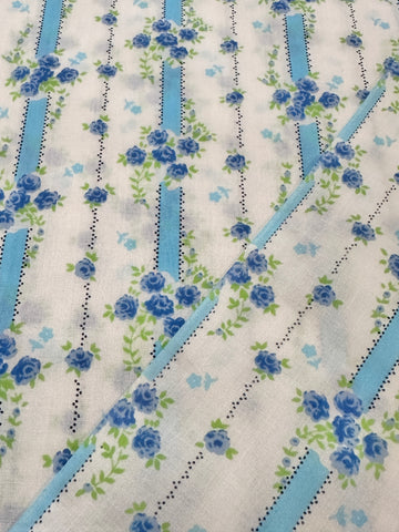 Vintage Fabric 1970s Small Blue Flowers w Green Leaves & Sky Blue Stripe 88cm Wide