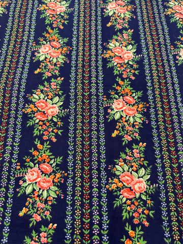 Vintage Fabric 1970s Navy Blue Cotton w/ Repeating Pink Flowers 88cm Wide