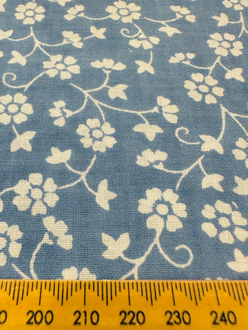 Vintage Fabric 1980s Laura Ashley Style Dusky Blue Base w/ White Floral 118cm Wide