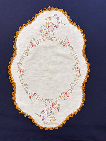 Vintage Hand Worked Embroidered Centrepiece Doily Flowers in Brown Basket Mustard Crochet 49cm x 33cm