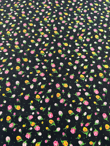 Vintage Fabric 1980s? Black Base w/ Small Bright Flowers Cotton 88cm Wide
