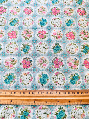 LAST 1/2m: Modern? Vintage? Fabric Darling Posies in Cameos on Pale Blue 112cm x 50cm